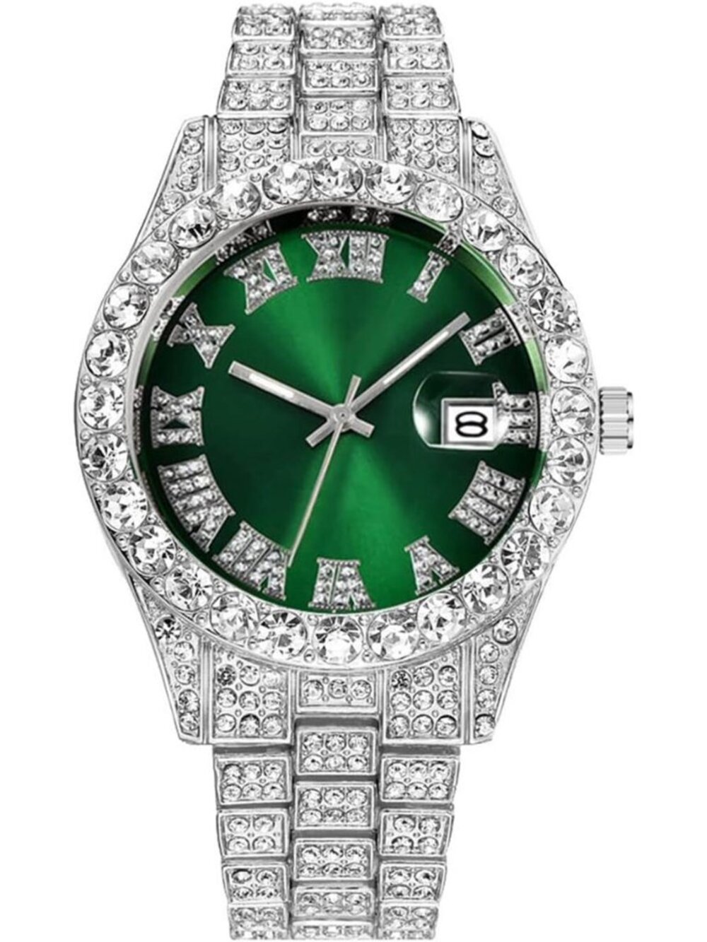 Iced Out Men Hip Hop Watch with Roman Scale Calendar Crystal Rhinestone Watches